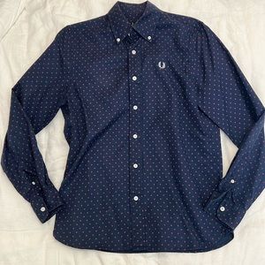Fred Perry Slim Fit Long Sleeve Shirt Navy Blue Polka Red M